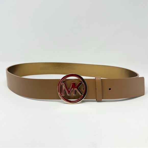 Michael Kors Brown Leather Belt Large – Gold MK Logo Buckle, Genuine Leather - Picture 2 of 16